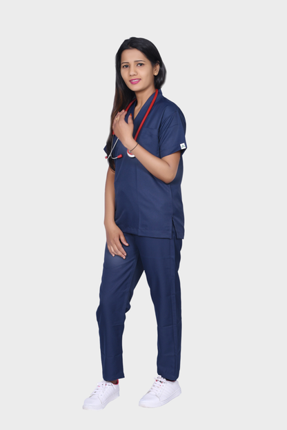 navy blue nursing uniform dress Scrub Dresses for Women Uniforms Wrap Workwear Knee Length Casual Long Sleeve Nursing Dresses with Pockets, Navy XL